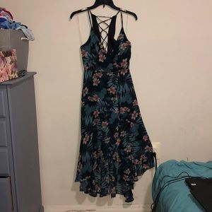 black & dark bluegreen tropical flowery dress